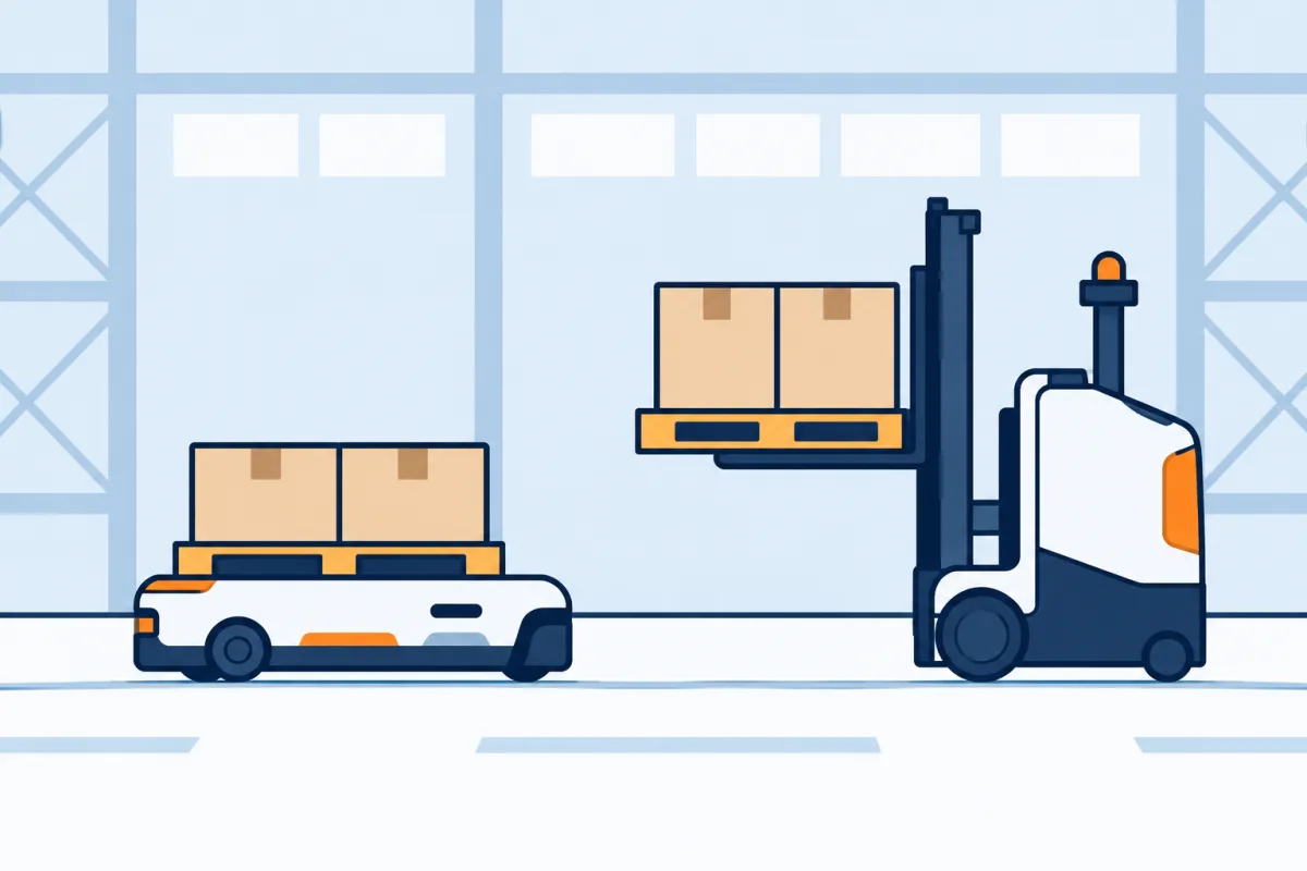AI-generated Schematic illustration of a generic under-riding AMR and autonomous fork carrier moving pallets in a warehouse.