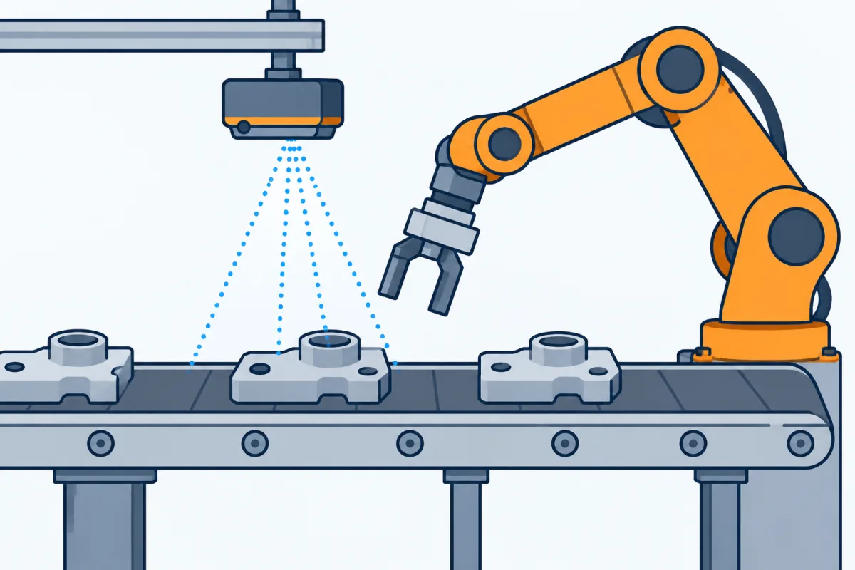 AI-generated Schematic illustration of a 3D camera scanning a conveyor part for a generic industrial robot arm.