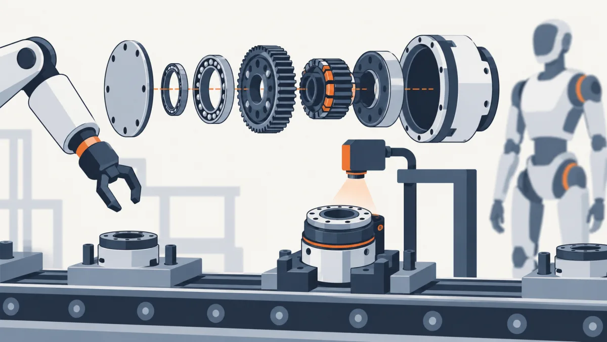 AI-generated schematic illustration of a generic robotic joint-module assembly line.