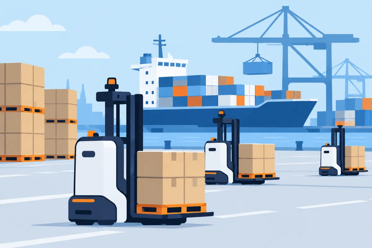 AI-generated Schematic illustration of generic autonomous forklifts handling pallets at a cargo port.